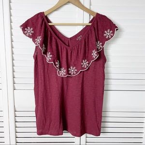 ⭐️3/$15 Loft burgundy ruffle shoulder peasant top NWT